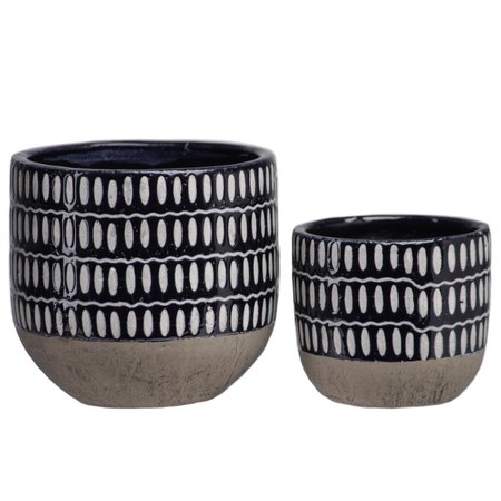 URBAN TRENDS COLLECTION Terracotta Round Pot with Oval Pattern Body  Banded Tapered Bottom Grey Set of 2 44003